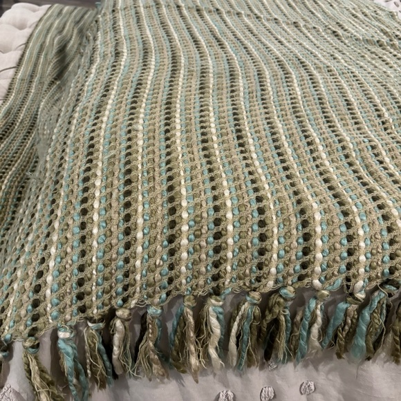 Cynthia Rowley Soft Cozy Afghan Throw fringed Green Cream Aqua 49X64 EUC - Picture 2 of 13